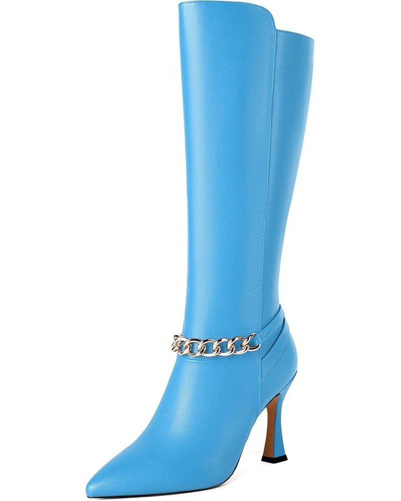 Womens Fashion Matte Pointed Toe Zip Dating Spool High Heel Knee High Boots 3.3 Inch Sky Blue $45.58 Boots