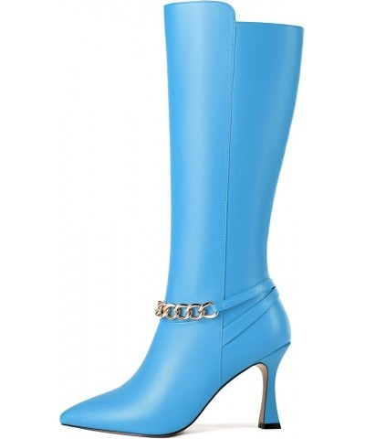 Womens Fashion Matte Pointed Toe Zip Dating Spool High Heel Knee High Boots 3.3 Inch Sky Blue $45.58 Boots