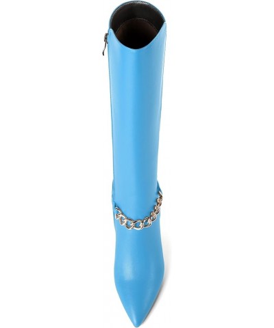 Womens Fashion Matte Pointed Toe Zip Dating Spool High Heel Knee High Boots 3.3 Inch Sky Blue $45.58 Boots