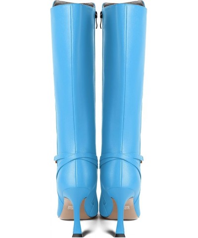 Womens Fashion Matte Pointed Toe Zip Dating Spool High Heel Knee High Boots 3.3 Inch Sky Blue $45.58 Boots