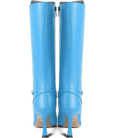 Womens Fashion Matte Pointed Toe Zip Dating Spool High Heel Knee High Boots 3.3 Inch Sky Blue $45.58 Boots