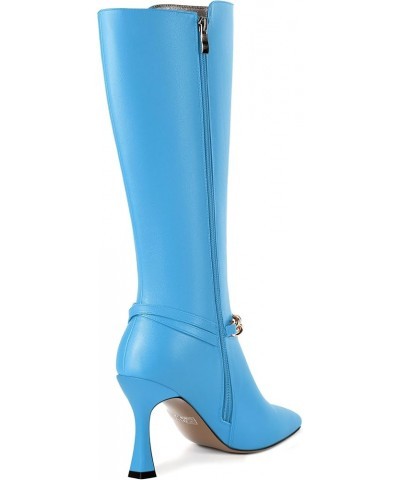 Womens Fashion Matte Pointed Toe Zip Dating Spool High Heel Knee High Boots 3.3 Inch Sky Blue $45.58 Boots