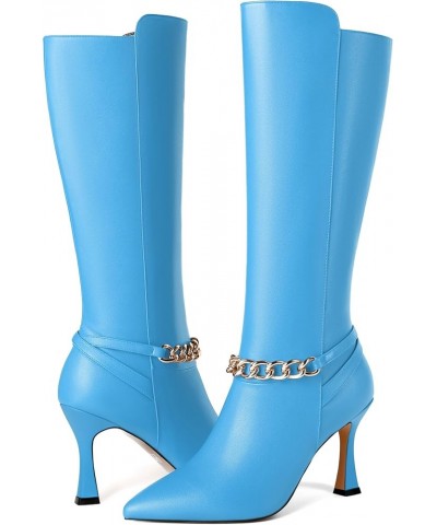 Womens Fashion Matte Pointed Toe Zip Dating Spool High Heel Knee High Boots 3.3 Inch Sky Blue $45.58 Boots