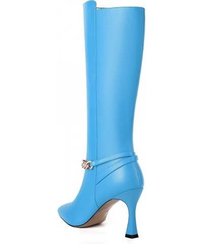 Womens Fashion Matte Pointed Toe Zip Dating Spool High Heel Knee High Boots 3.3 Inch Sky Blue $45.58 Boots