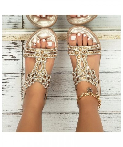 Womens Sandals Flat Rhinestones Open Toe Slip On Sandals Bohemian Fashion Summer Elastic Band Beach Flip Flops Gold $17.99 Ou...