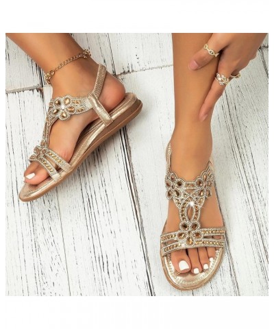 Womens Sandals Flat Rhinestones Open Toe Slip On Sandals Bohemian Fashion Summer Elastic Band Beach Flip Flops Gold $17.99 Ou...