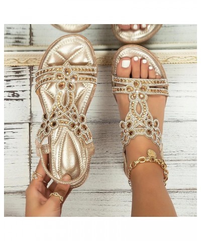 Womens Sandals Flat Rhinestones Open Toe Slip On Sandals Bohemian Fashion Summer Elastic Band Beach Flip Flops Gold $17.99 Ou...