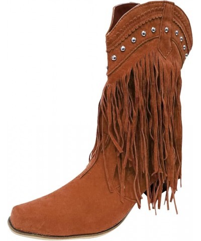 Tassel Casual Fringe Chunky Retro Mid-Calf for Women Boots Heel Boots Women's Knee High Wedge Boots for Women Wide Calf Brown...