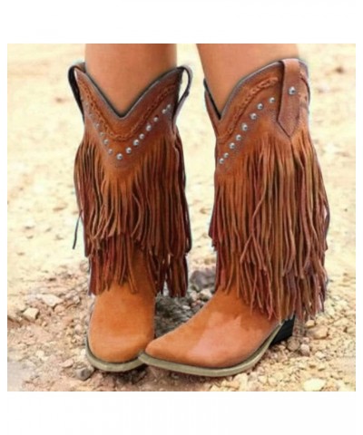 Tassel Casual Fringe Chunky Retro Mid-Calf for Women Boots Heel Boots Women's Knee High Wedge Boots for Women Wide Calf Brown...