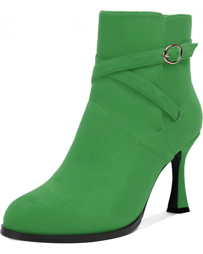 Womens Round Toe Fashion Solid Office Suede Ankle Strap Buckle Spool High Heel Ankle High Boots 3.3 Inch Green $42.49 Boots