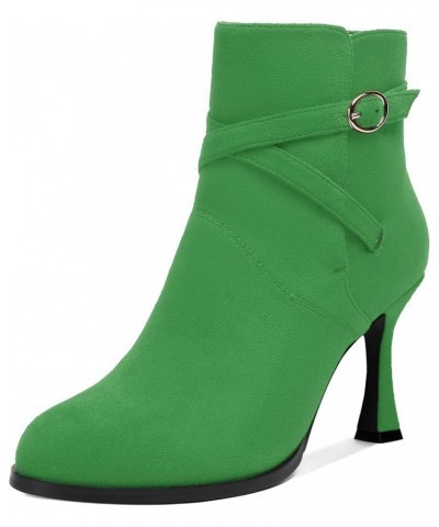 Womens Round Toe Fashion Solid Office Suede Ankle Strap Buckle Spool High Heel Ankle High Boots 3.3 Inch Green $42.49 Boots