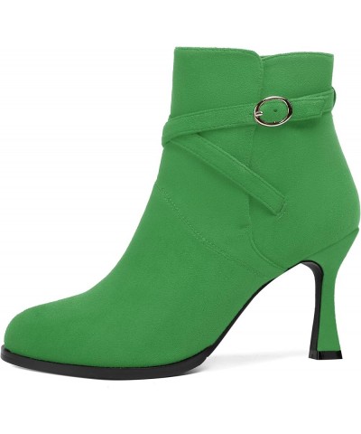 Womens Round Toe Fashion Solid Office Suede Ankle Strap Buckle Spool High Heel Ankle High Boots 3.3 Inch Green $42.49 Boots