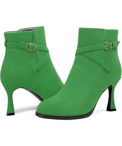 Womens Round Toe Fashion Solid Office Suede Ankle Strap Buckle Spool High Heel Ankle High Boots 3.3 Inch Green $42.49 Boots