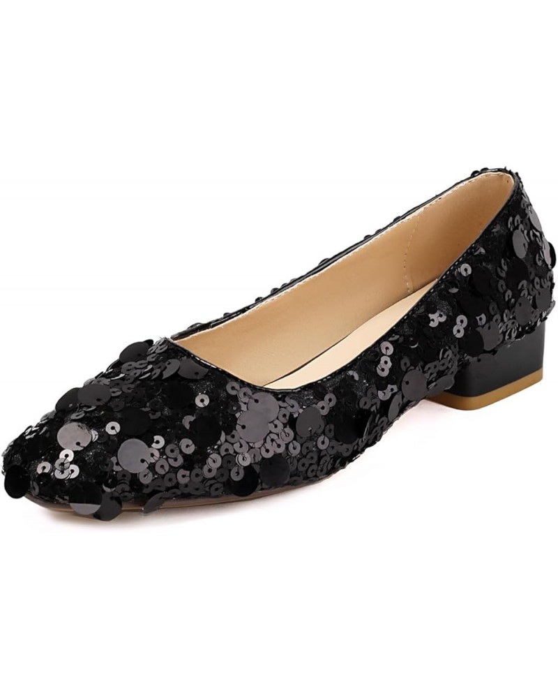 Women Low Chunky Heel Shallow Almond Toe Shiny Sequins Mary Jane Pumps Black $25.53 Pumps