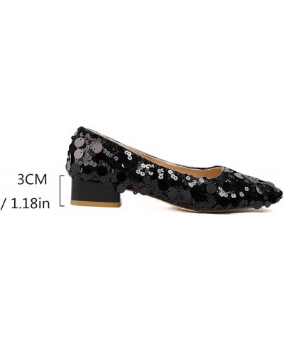 Women Low Chunky Heel Shallow Almond Toe Shiny Sequins Mary Jane Pumps Black $25.53 Pumps