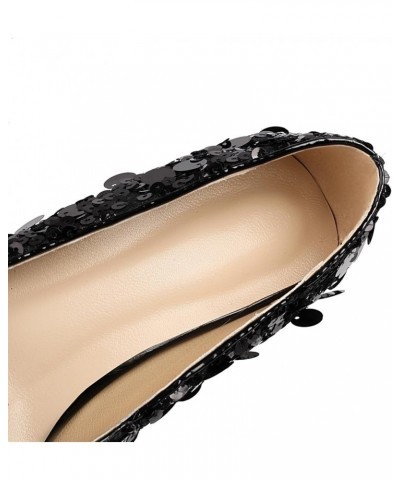 Women Low Chunky Heel Shallow Almond Toe Shiny Sequins Mary Jane Pumps Black $25.53 Pumps