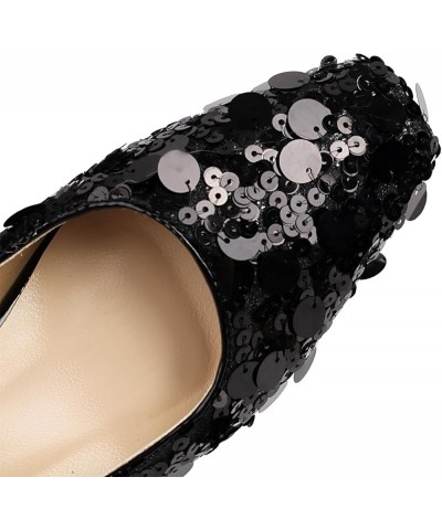 Women Low Chunky Heel Shallow Almond Toe Shiny Sequins Mary Jane Pumps Black $25.53 Pumps