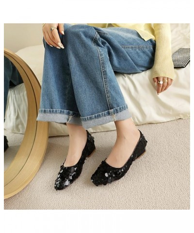 Women Low Chunky Heel Shallow Almond Toe Shiny Sequins Mary Jane Pumps Black $25.53 Pumps