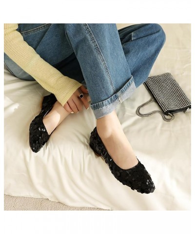 Women Low Chunky Heel Shallow Almond Toe Shiny Sequins Mary Jane Pumps Black $25.53 Pumps