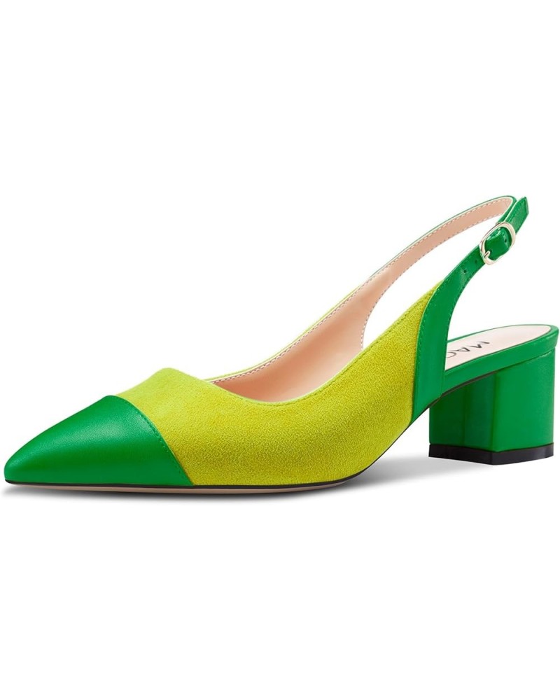 Womens Mid Block Heel Pointed Cap Toe Slingback Pumps Patchwork Casual Office Prom Shoes 2.0 Inches Heels Yellow Green $42.06...