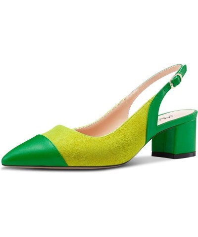 Womens Mid Block Heel Pointed Cap Toe Slingback Pumps Patchwork Casual Office Prom Shoes 2.0 Inches Heels Yellow Green $42.06...