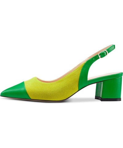 Womens Mid Block Heel Pointed Cap Toe Slingback Pumps Patchwork Casual Office Prom Shoes 2.0 Inches Heels Yellow Green $42.06...