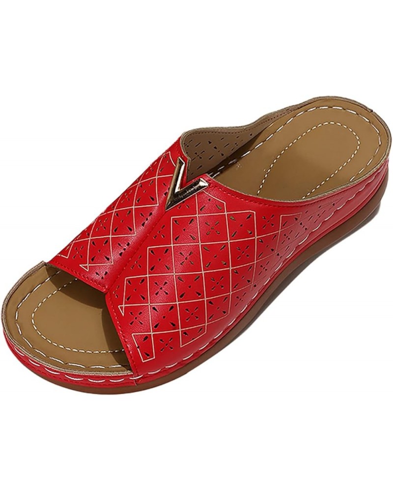 Sandals for Women Dressy Summer,Women's Arch Support Slip On Peep Toe Orthopedic Platform Sandals Sandals Women Z04-red $18.5...