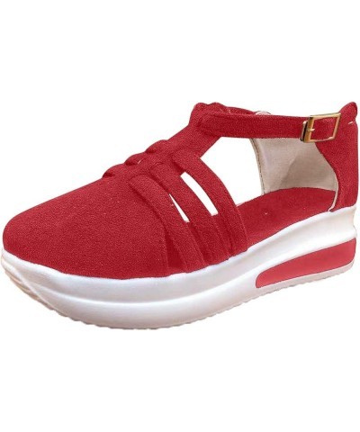 Women's Fashion Wedge Platform Buckle Strap Sandals Ladies Cusual Solid Shoes Sandals for Women Red $13.82 Athletic Shoes