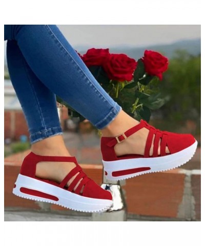 Women's Fashion Wedge Platform Buckle Strap Sandals Ladies Cusual Solid Shoes Sandals for Women Red $13.82 Athletic Shoes