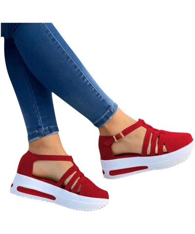 Women's Fashion Wedge Platform Buckle Strap Sandals Ladies Cusual Solid Shoes Sandals for Women Red $13.82 Athletic Shoes