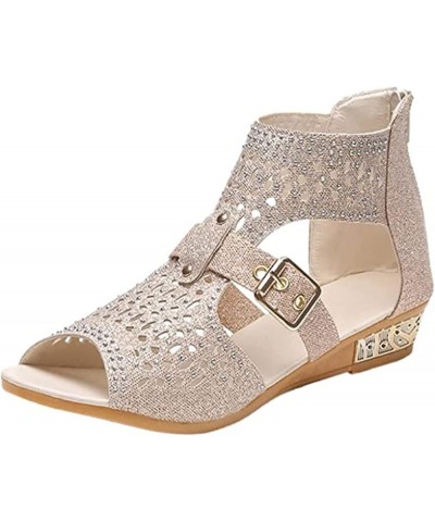 Women's Gladiator Flat Sandals Dresssy Rhinestones Open Toe Ankle Strap Low Wedges Sandals Roman Party Walking Shoes Beige B ...