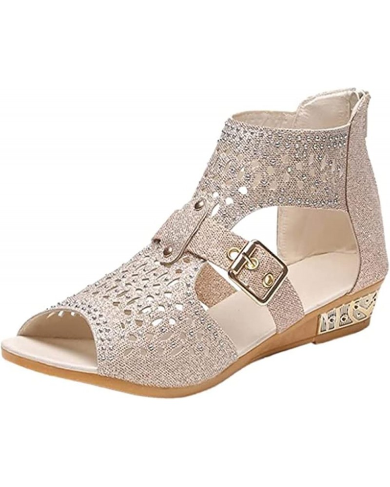 Women's Gladiator Flat Sandals Dresssy Rhinestones Open Toe Ankle Strap Low Wedges Sandals Roman Party Walking Shoes Beige B ...