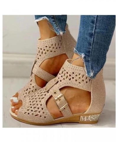 Women's Gladiator Flat Sandals Dresssy Rhinestones Open Toe Ankle Strap Low Wedges Sandals Roman Party Walking Shoes Beige B ...