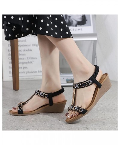 Womens Shoes Dressy Casual Low Heel Wedges Elastic Strap Sandals for Women Rhinestone Flats for Women Dressy Black Low Wedge ...