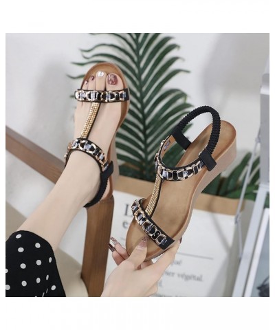 Womens Shoes Dressy Casual Low Heel Wedges Elastic Strap Sandals for Women Rhinestone Flats for Women Dressy Black Low Wedge ...