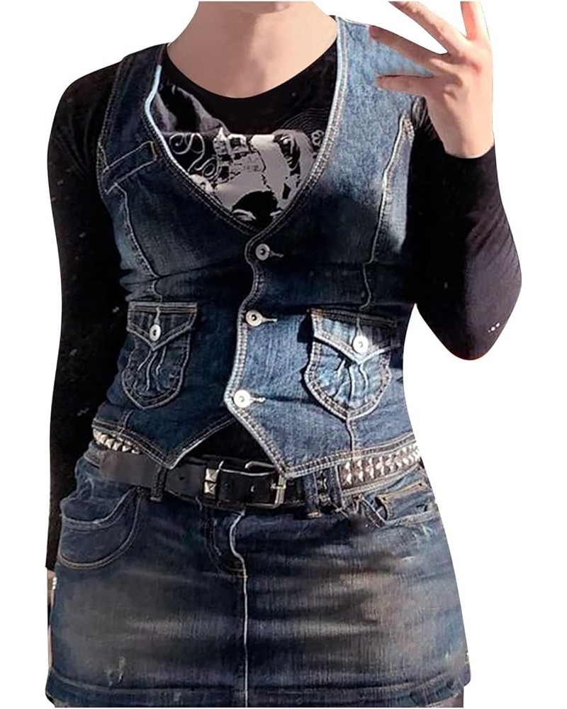 Crop Neck Tops Patchwork Short Slim Fit Strap Style Denim Vest Top Top Long Blue 6 - Women Denim Corset Top $12.52 Athletic S...