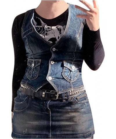 Crop Neck Tops Patchwork Short Slim Fit Strap Style Denim Vest Top Top Long Blue 6 - Women Denim Corset Top $12.52 Athletic S...