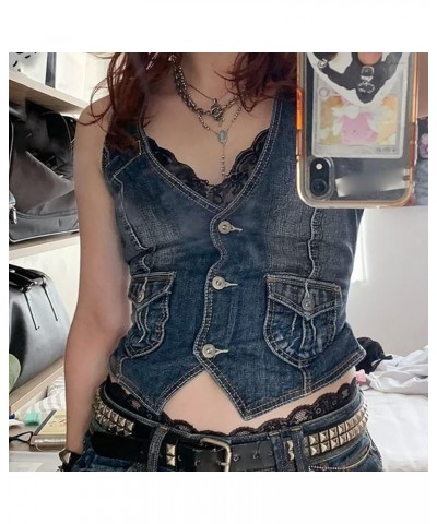 Crop Neck Tops Patchwork Short Slim Fit Strap Style Denim Vest Top Top Long Blue 6 - Women Denim Corset Top $12.52 Athletic S...