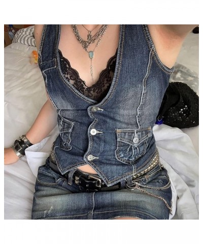 Crop Neck Tops Patchwork Short Slim Fit Strap Style Denim Vest Top Top Long Blue 6 - Women Denim Corset Top $12.52 Athletic S...