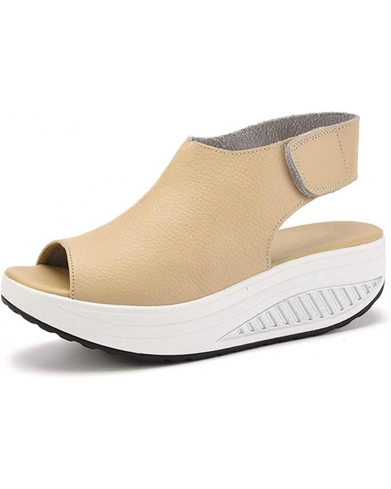 Women's Comfort Low Heels Sandals Ankle Strap Hook and Loop Wedge Sandal Open Toe Fashion Platform Sandals Beige $36.50 Sandals