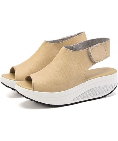 Women's Comfort Low Heels Sandals Ankle Strap Hook and Loop Wedge Sandal Open Toe Fashion Platform Sandals Beige $36.50 Sandals