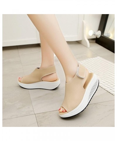 Women's Comfort Low Heels Sandals Ankle Strap Hook and Loop Wedge Sandal Open Toe Fashion Platform Sandals Beige $36.50 Sandals