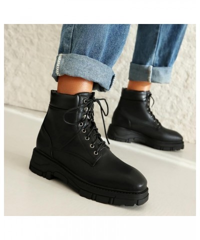 Women Casual Ankle Boots Lace up Combat Boots Chunky Heel Platform Boots Plus Size Black $24.79 Boots