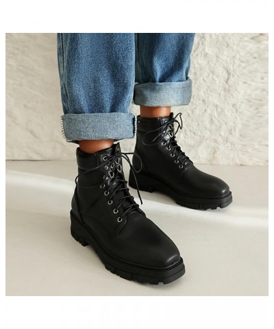 Women Casual Ankle Boots Lace up Combat Boots Chunky Heel Platform Boots Plus Size Black $24.79 Boots