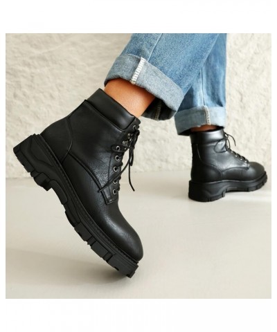 Women Casual Ankle Boots Lace up Combat Boots Chunky Heel Platform Boots Plus Size Black $24.79 Boots