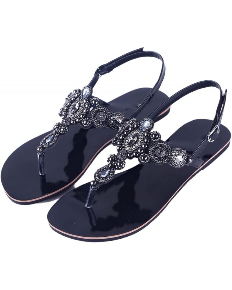 Summer Women Beach Flat Sandals Retro String Bead Shoes Boho T-Strap Diamond Slipper 35.5 Black $19.30 Sandals