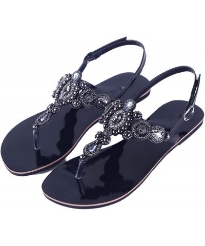 Summer Women Beach Flat Sandals Retro String Bead Shoes Boho T-Strap Diamond Slipper 35.5 Black $19.30 Sandals