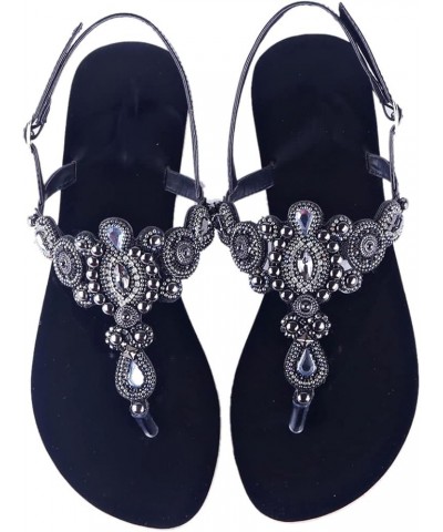 Summer Women Beach Flat Sandals Retro String Bead Shoes Boho T-Strap Diamond Slipper 35.5 Black $19.30 Sandals