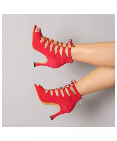 Women Open Toe Dance Boots Latin Salsa Ballroom Lace-up Ankle Dance Shoes,YCL456 3 1/3" Heel A-red-suede Sole-l456 $28.59 Ath...