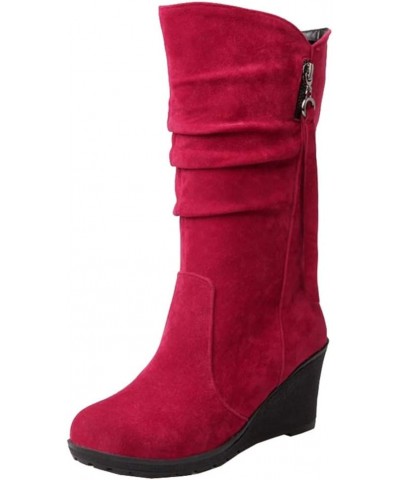 Casual Women Mid-Calf Wedge Boots Red $21.29 Boots